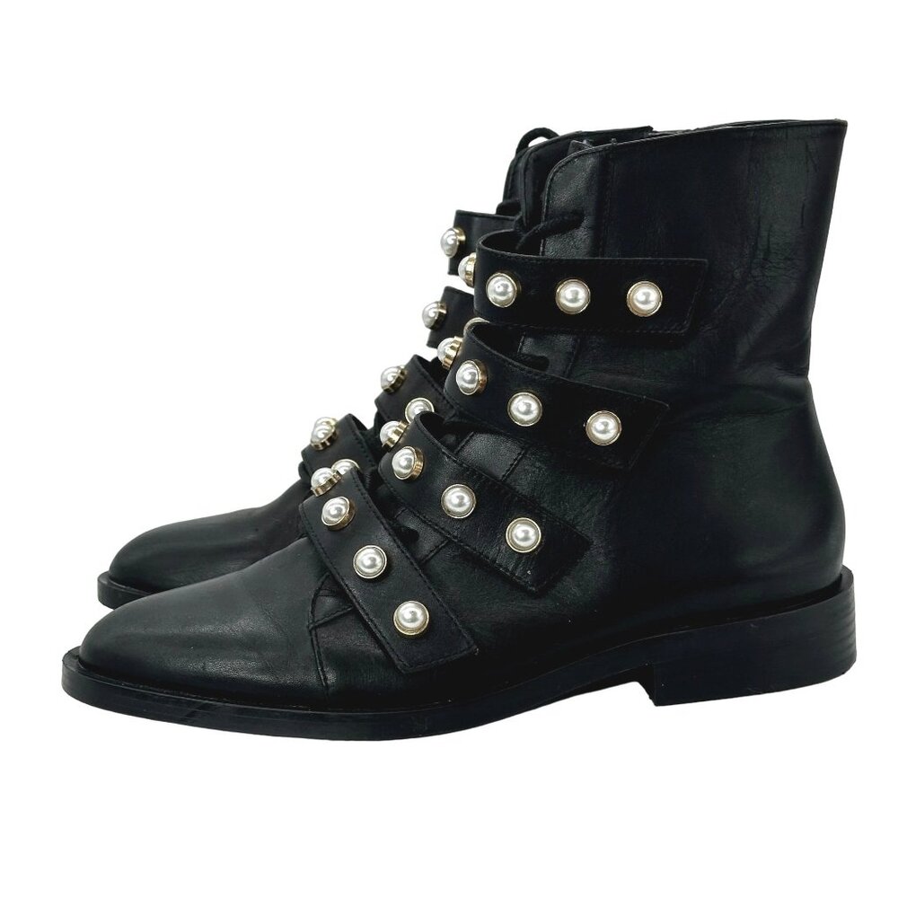 ZARA Leather Combat Biker Boots 39 8 Moto Pearl Strap Black Grunge Mall Goth - Picture 3 of 12
